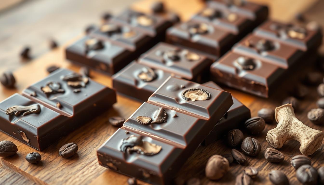 Assorted mushroom chocolate bars with functional mushrooms and cacao