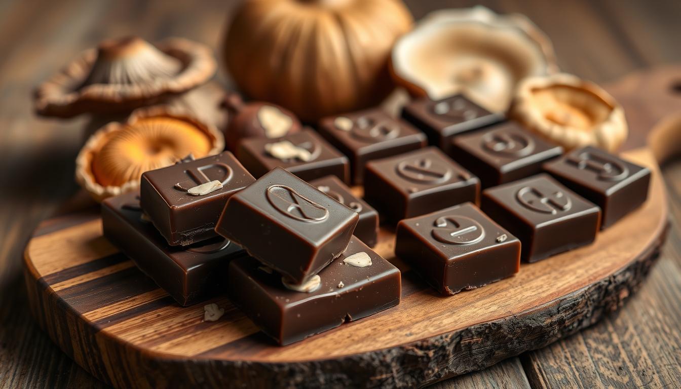 Assorted pieces of mushroom chocolate with functional mushrooms like lion's mane, reishi, and chaga showcasing the benefits of mushroom chocolate