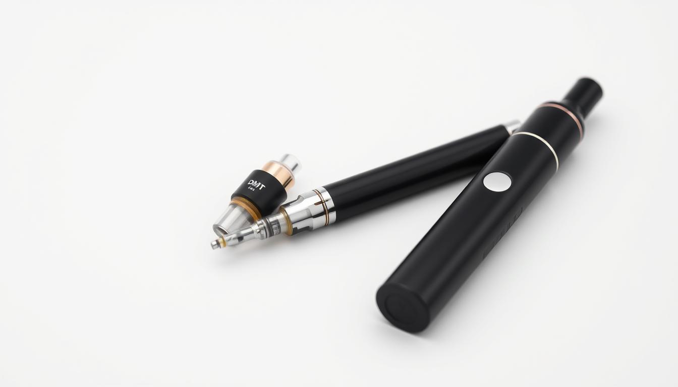 DMT vape cartridge next to a battery pen on a neutral background