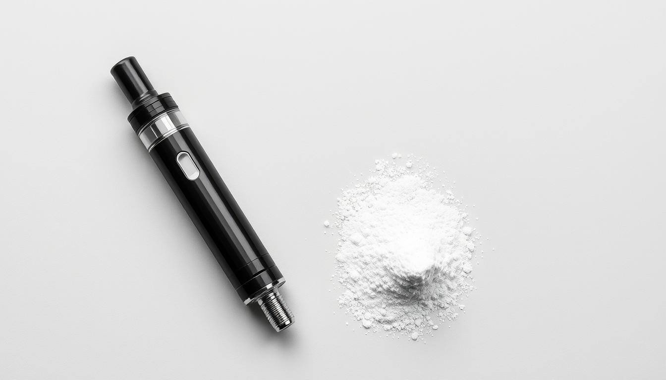 DMT vape pen next to crystalline DMT powder showing the physical difference between traditional DMT and vape formulations