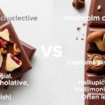 Visual comparison of regular mushroom chocolate vs psychedelic mushroom chocolate showing different ingredients and effects