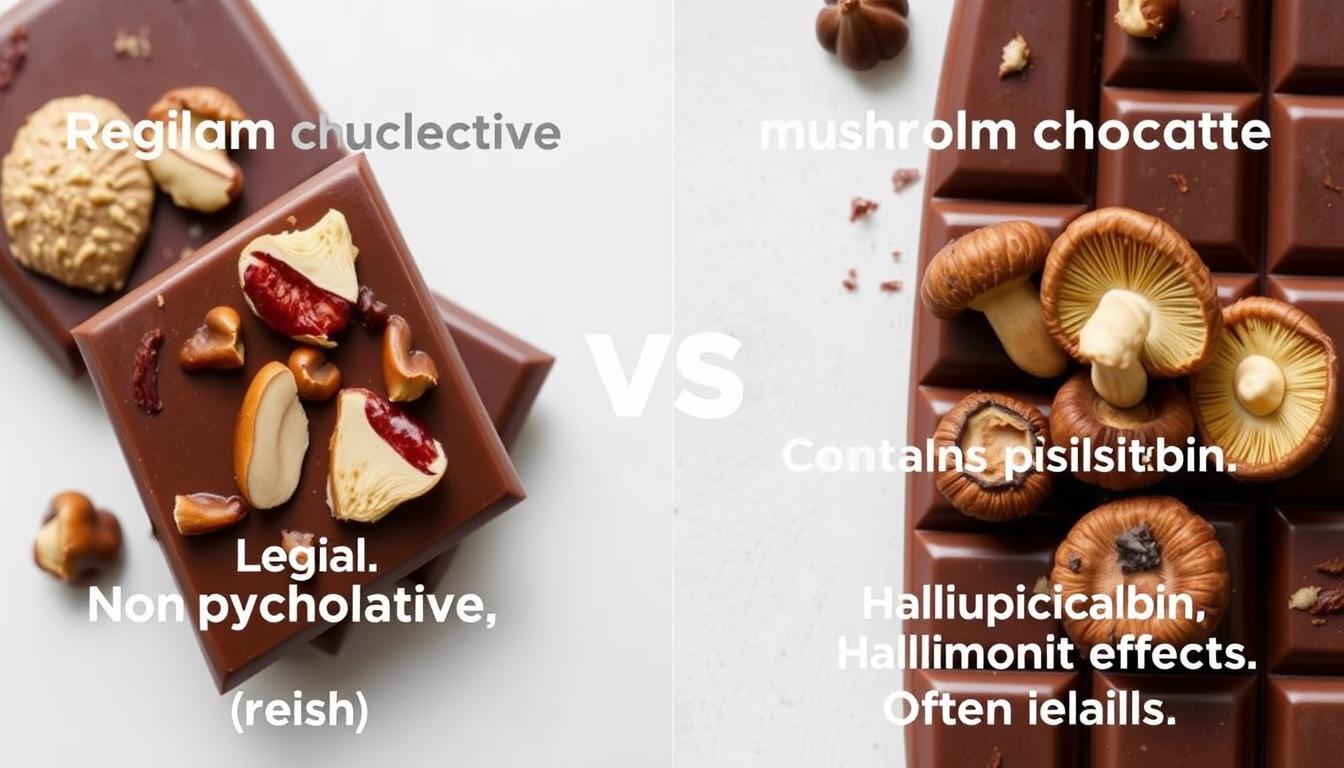 Visual comparison of regular mushroom chocolate vs psychedelic mushroom chocolate showing different ingredients and effects
